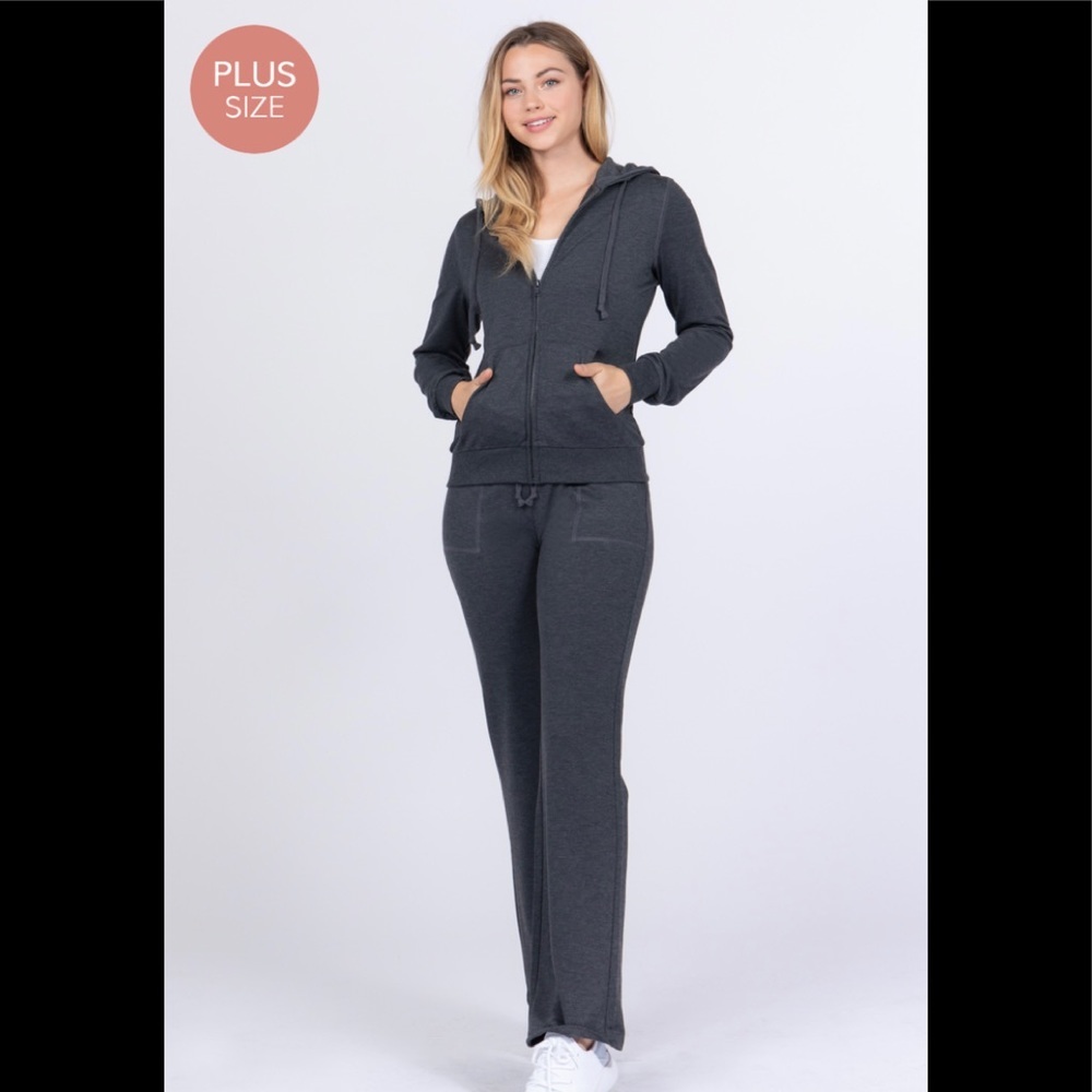 Charcoal French terry long sleeve hoodie zip up jacket and pant set.